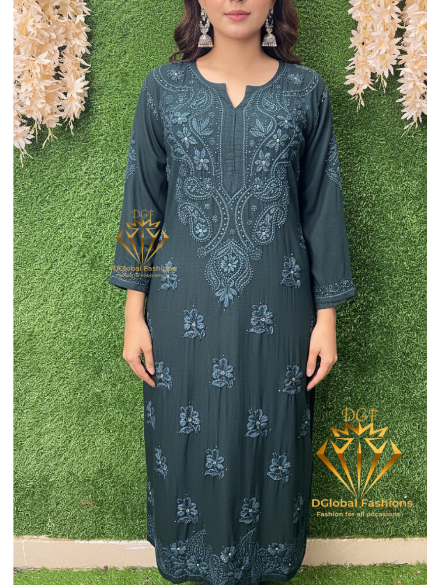 Lucknowi Chikankari Slub Reyon Kurti with Mukesh Work