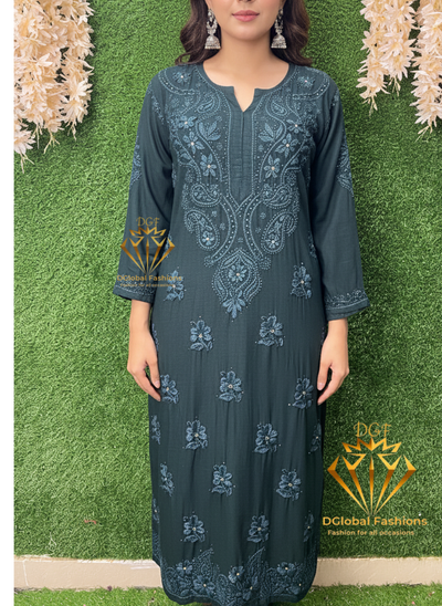 Lucknowi Chikankari Slub Reyon Kurti with Mukesh Work