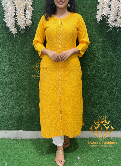 Lucknowi Chikankari Chanderi Long Kurti with Full Embroidery
