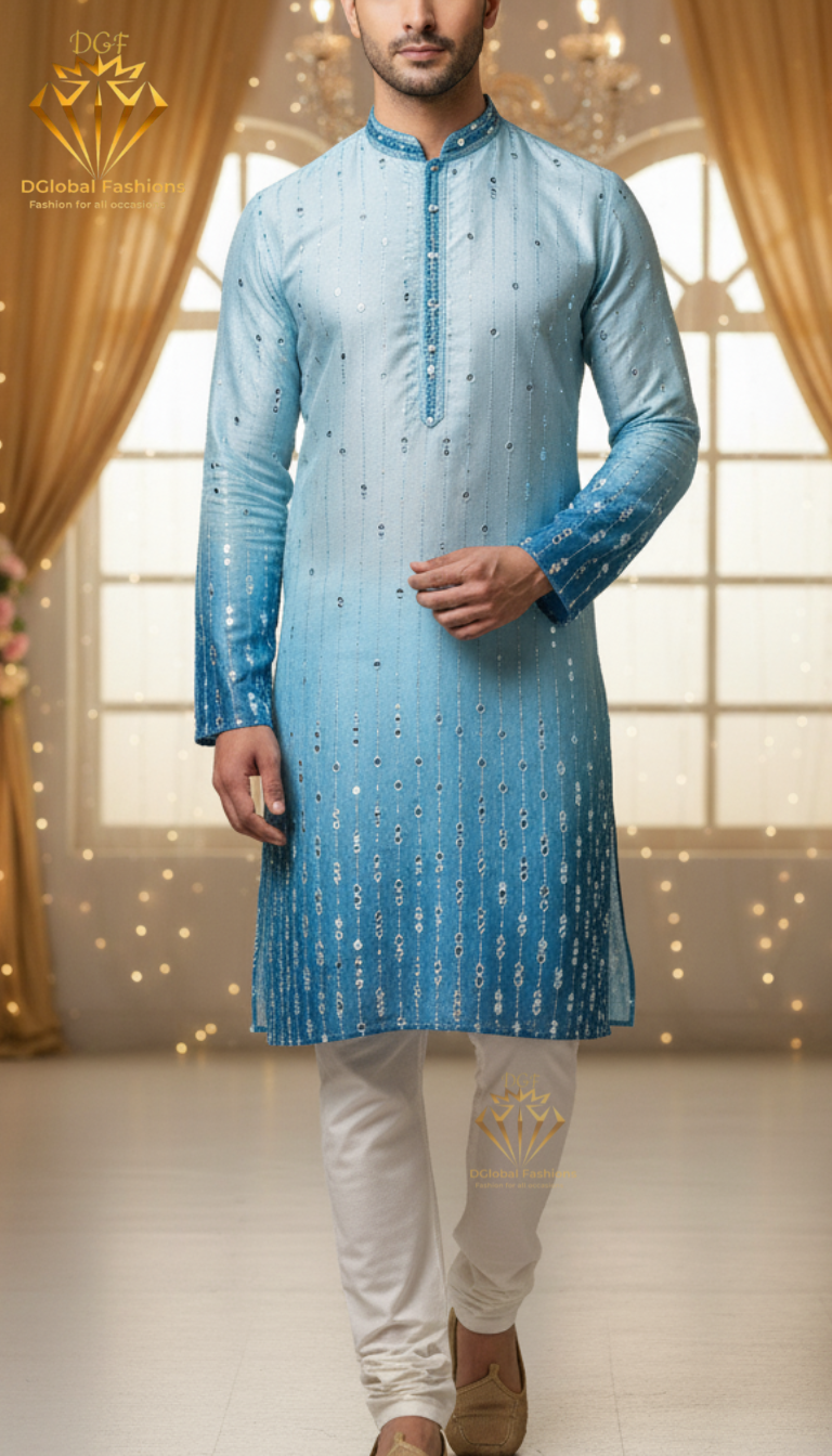 Ombré Silk Men’s Kurta Set with Foil & Mirror Work Detailing