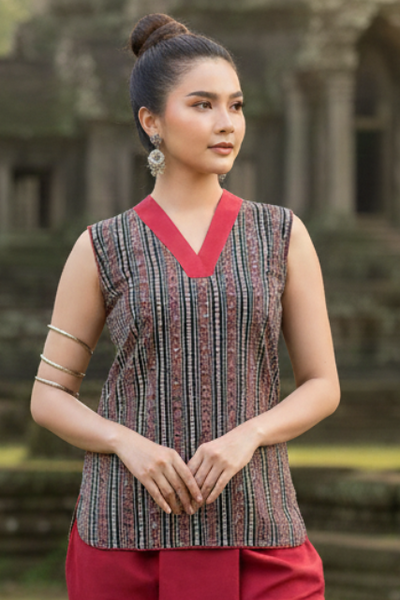 Women's Maroon Dhoti With Handblock Ajrakh Top