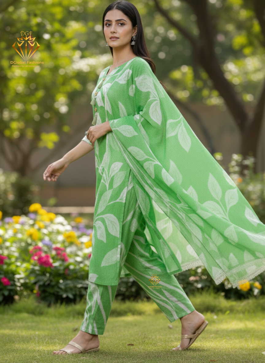 Cotton Dobby Hand Printed Kurta Pants and Dupatta