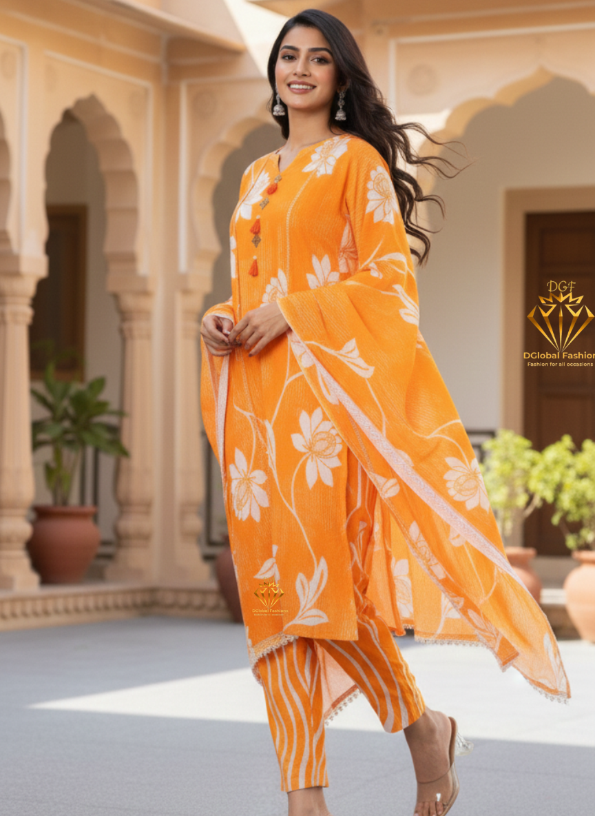 Cotton Dobby Hand Printed Kurta Pants and Dupatta