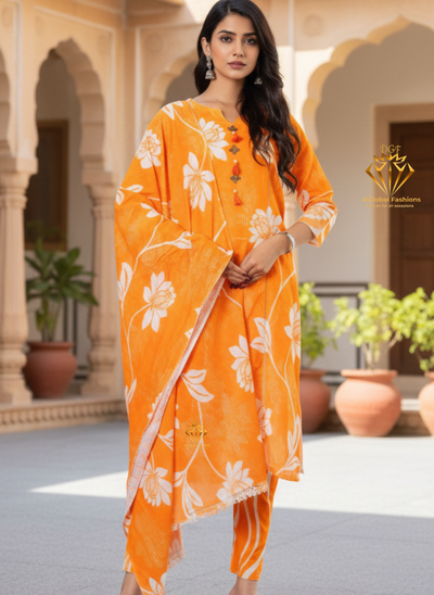 Cotton Dobby Hand Printed Kurta Pants and Dupatta