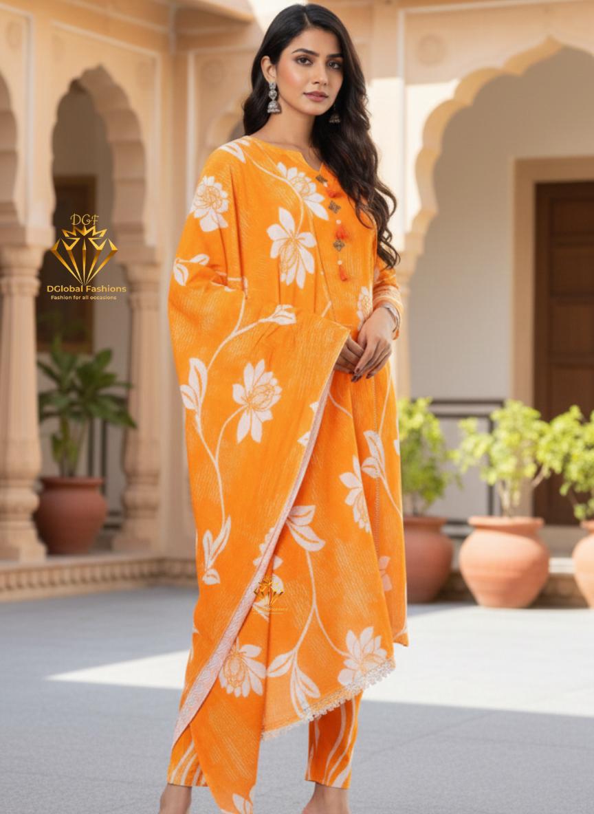 Cotton Dobby Hand Printed Kurta Pants and Dupatta