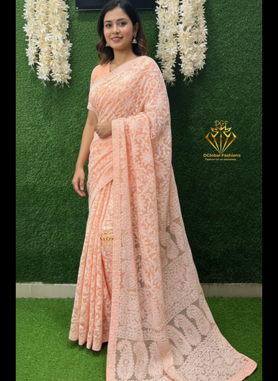 Lucknowi Chikankari Full Jaal Georgette Saree
