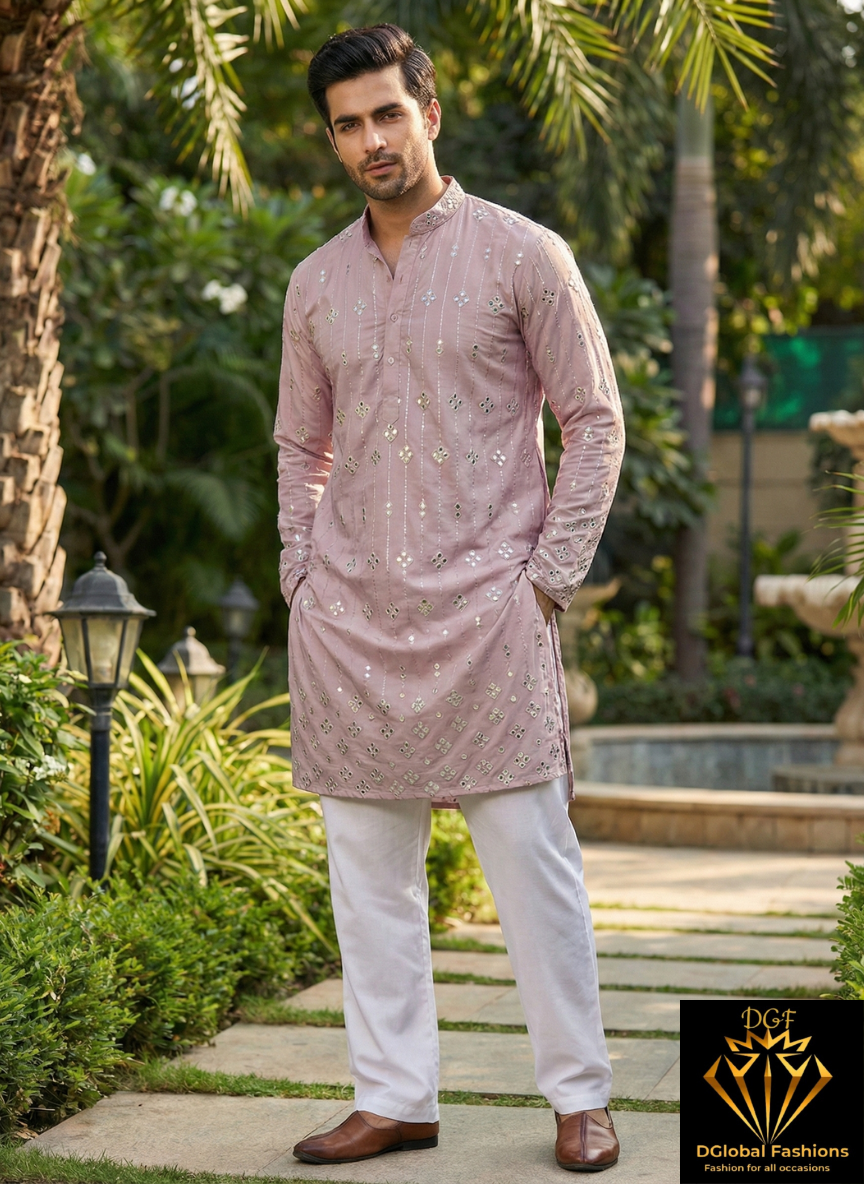 Ombré Silk Men’s Kurta Set with Foil & Mirror Work Detailing