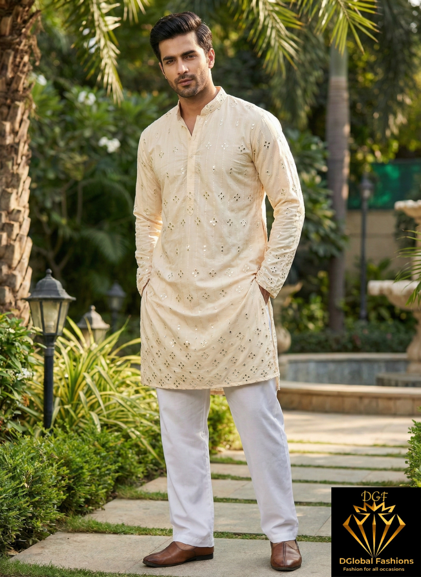 Ombré Silk Men’s Kurta Set with Foil & Mirror Work Detailing
