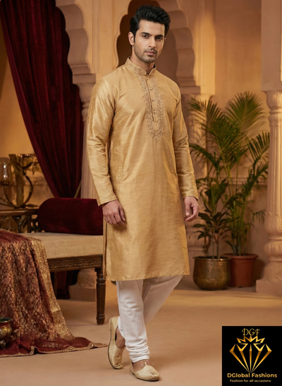 Men’s Silk Kurta with Embroidered Neck & White Pants