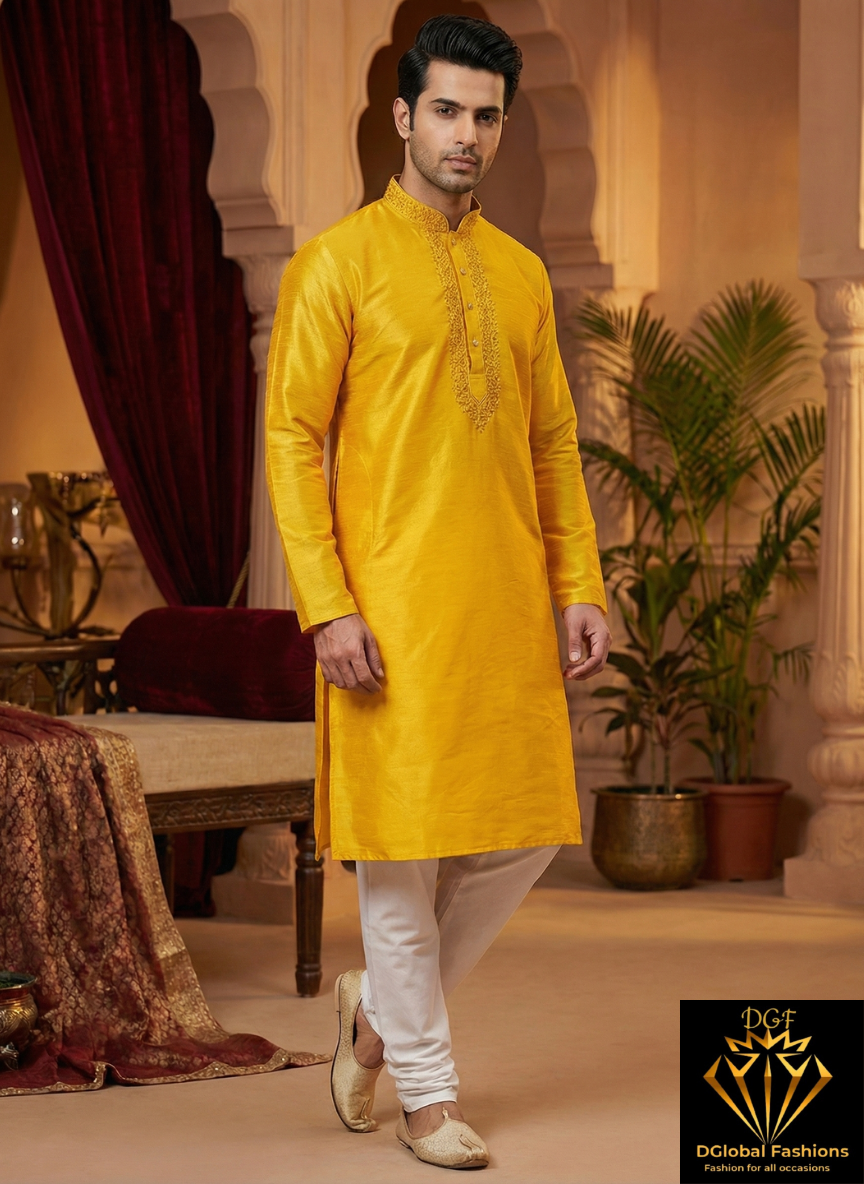 Men’s Silk Kurta with Embroidered Neck & White Pants