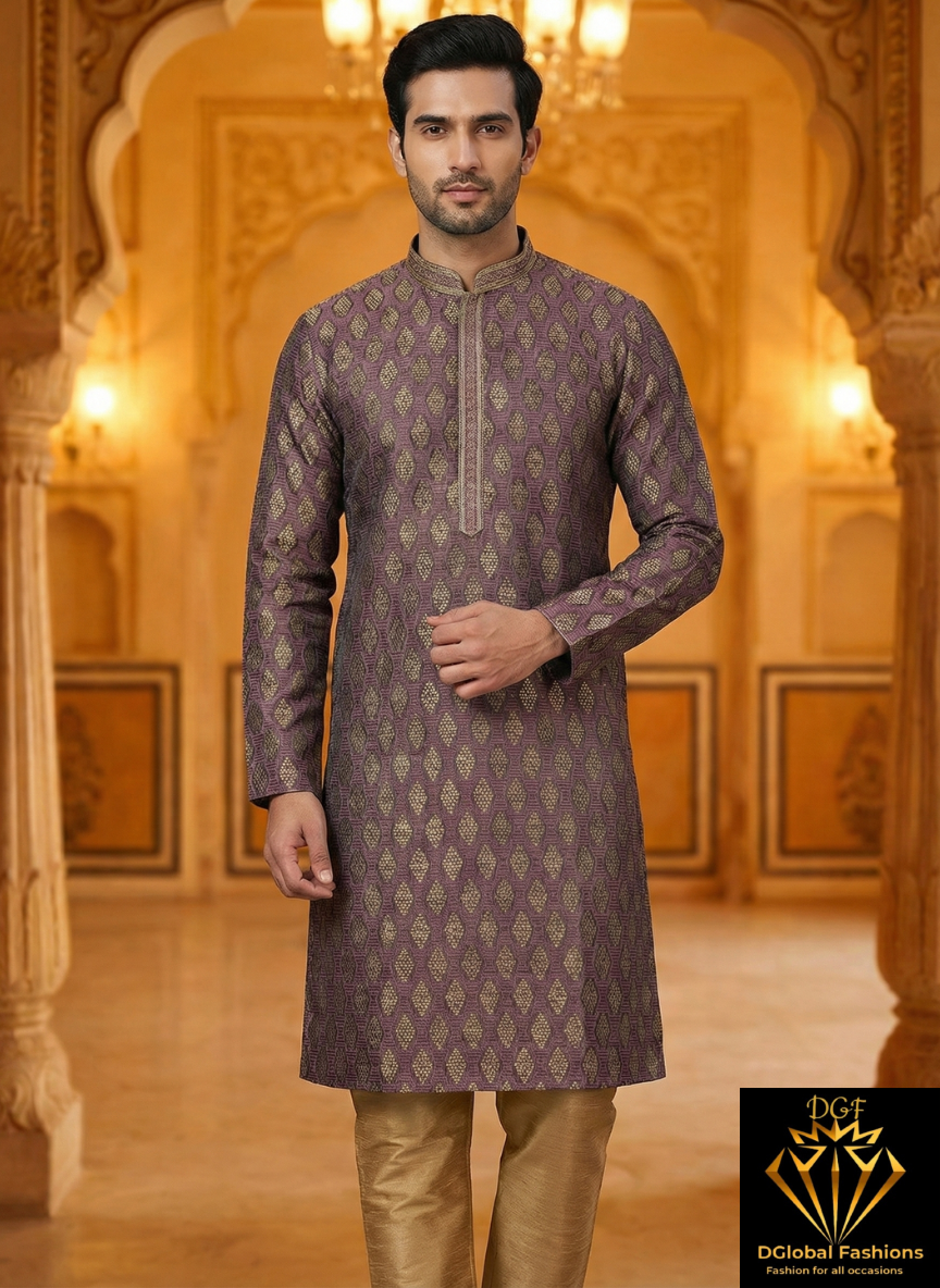 Men’s Silk Jacquard Kurta Pajama Set with Copper Zari Weave & Full Lining