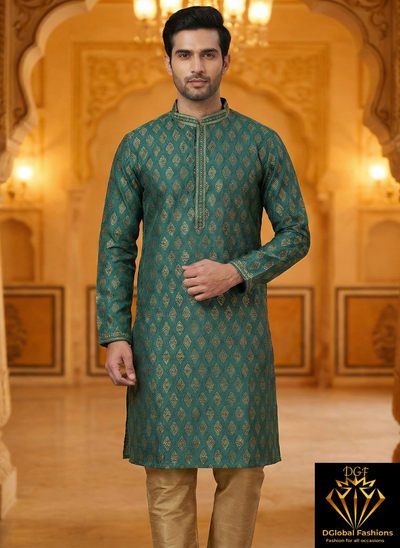 Men’s Silk Jacquard Kurta Pajama Set with Copper Zari Weave & Full Lining