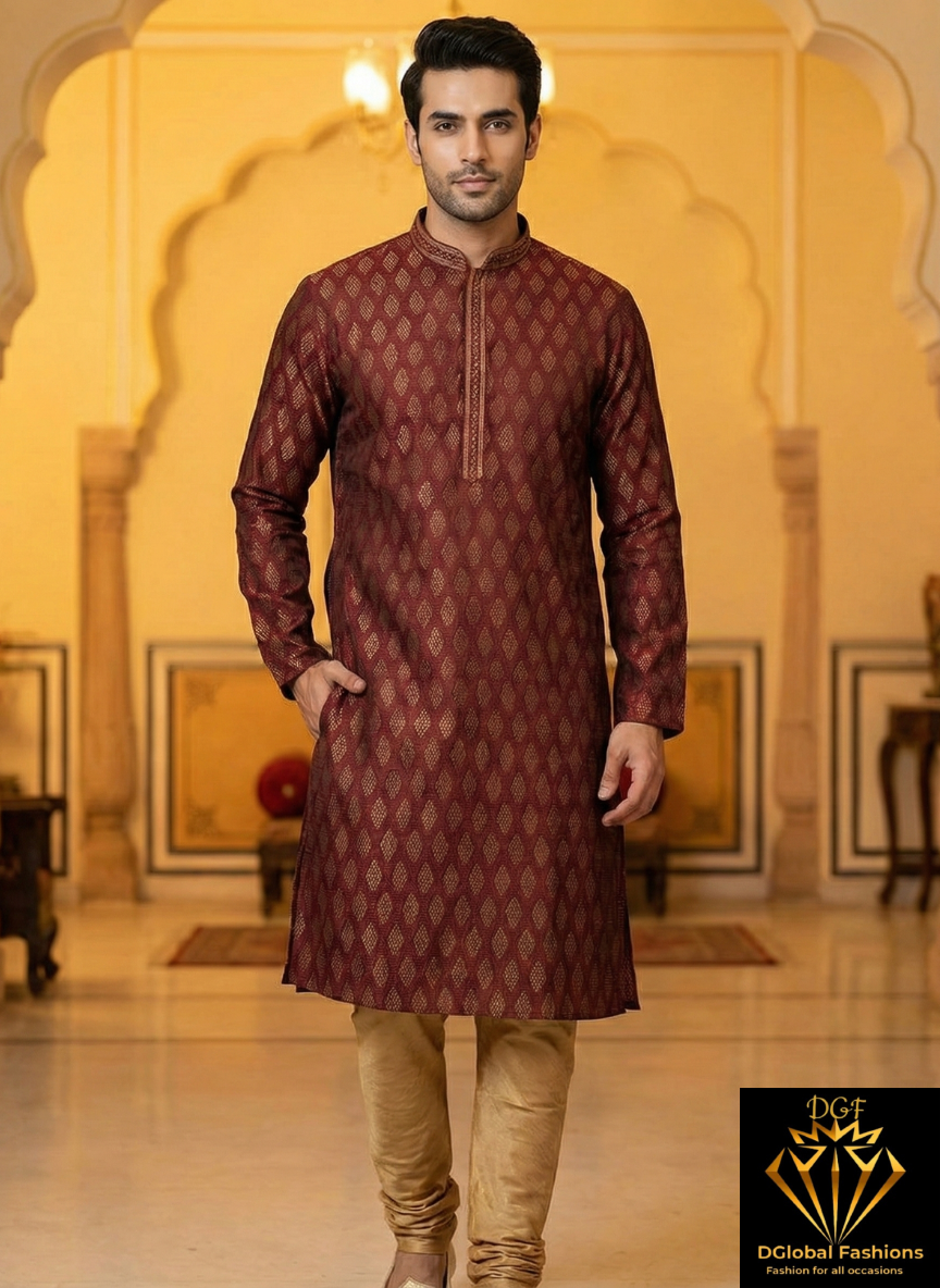 Men’s Silk Jacquard Kurta Pajama Set with Copper Zari Weave & Full Lining