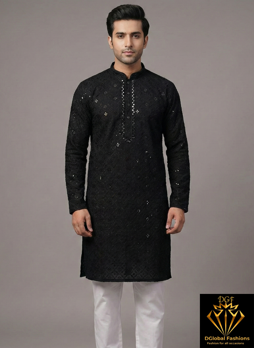 Chikankari Kurta Set with Mirror & Sequin Embellishments
