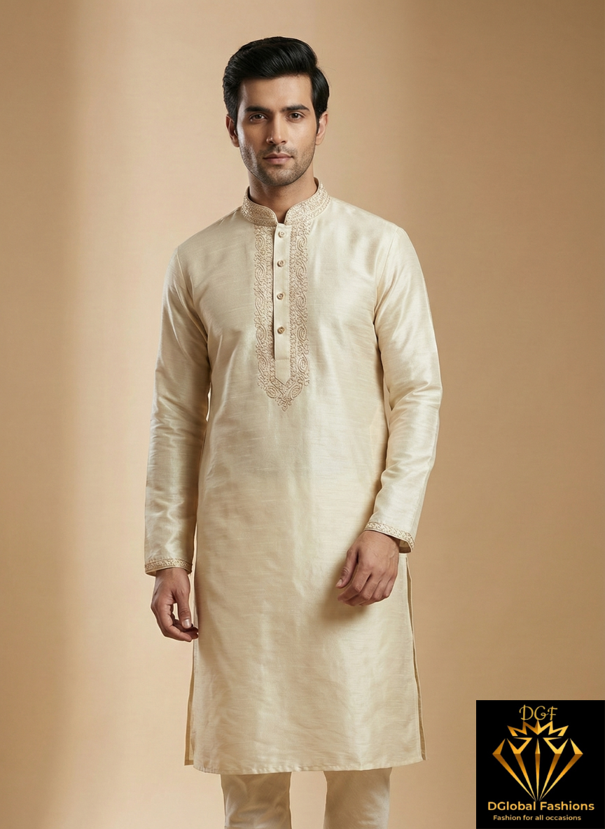 Men’s Silk Kurta with Embroidered Neck & White Pants