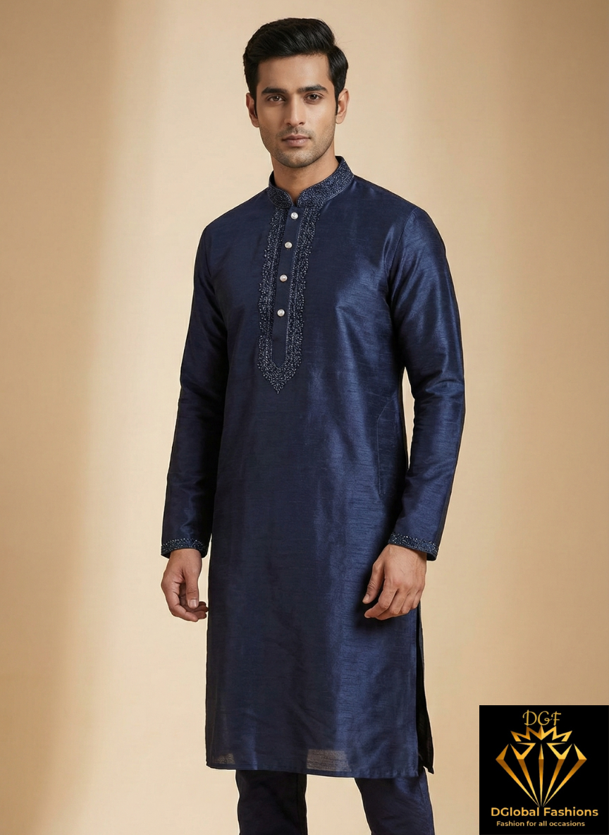 Men’s Silk Kurta with Embroidered Neck & White Pants