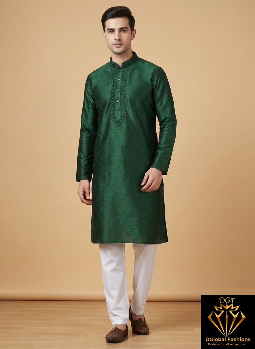 Men’s Silk Kurta with Embroidered Neck & White Pants