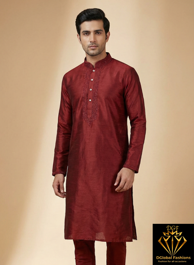 Men’s Silk Kurta with Embroidered Neck & White Pants
