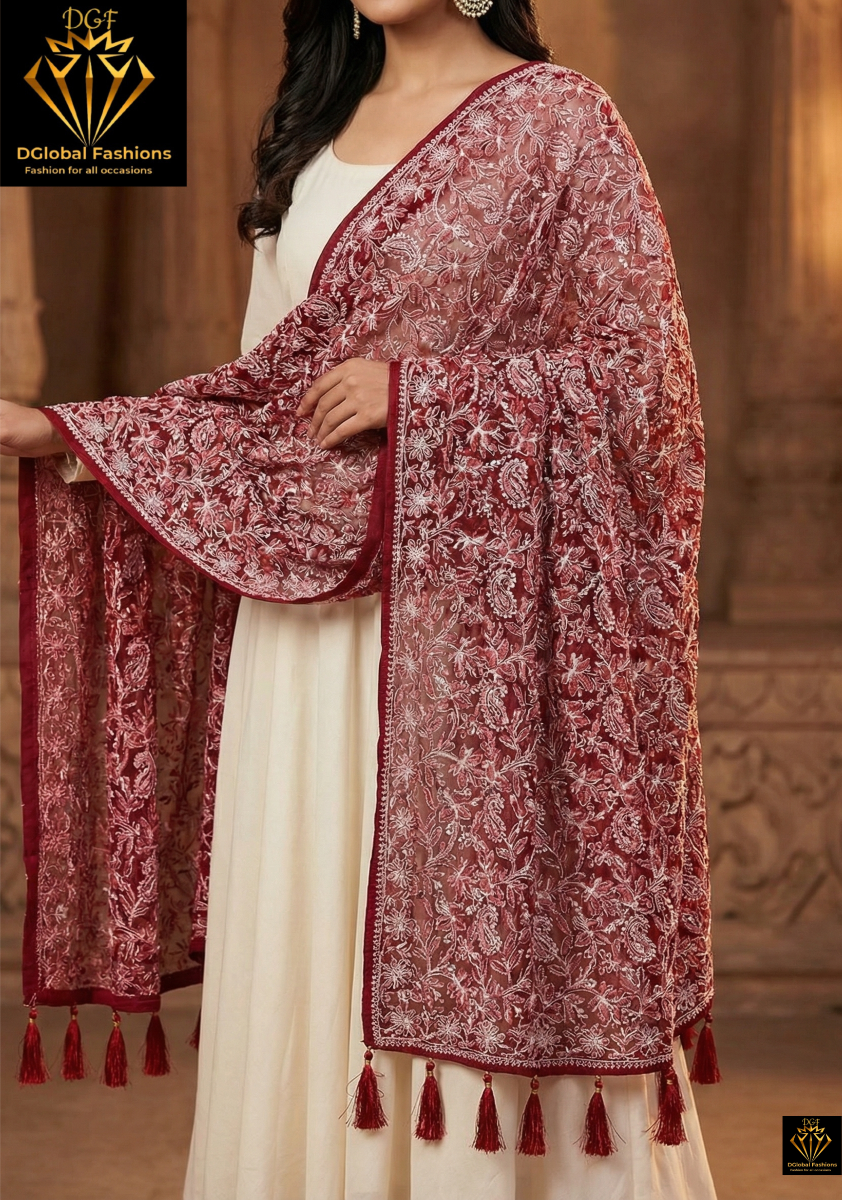 Lucknowi Chikankari Full Jaal Hand Embroidered Georgette Dupatta