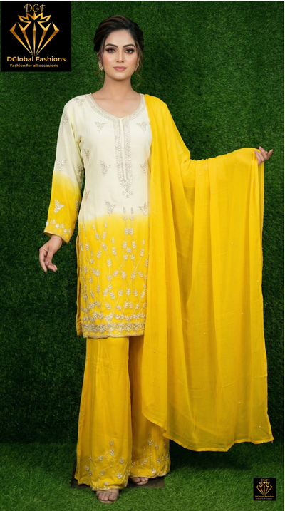 Ombré Crepe Kurta Sharara Suit Set with Sequin & Cutdana Hand Embroidery