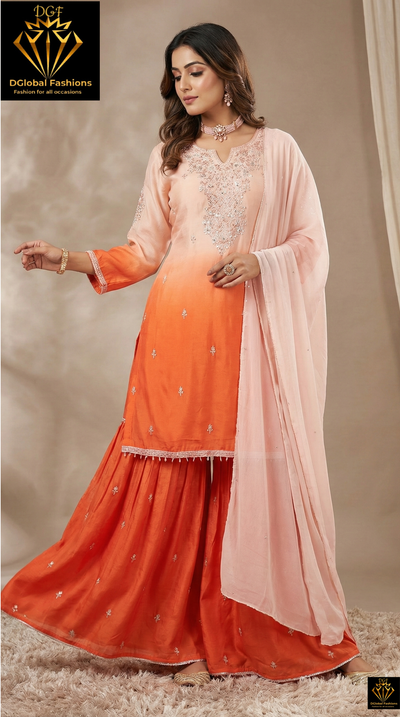 Ombré Chinon Kurta & Sharara Suit Set with Hand-Embroidered Sequin, Pearl & Cutdana Work and Chiffon Dupatta