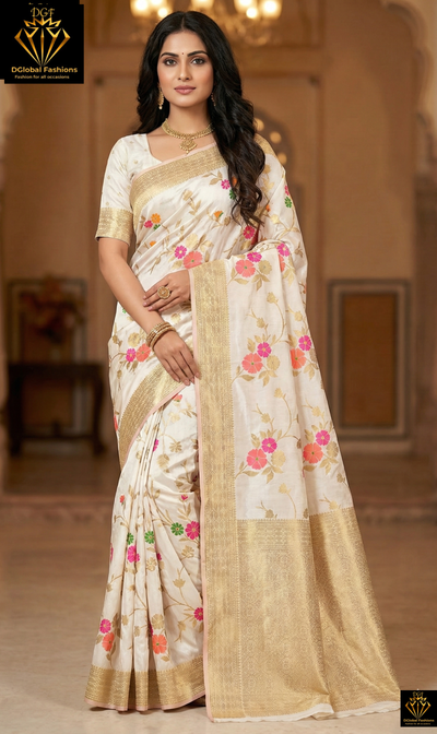 White Banarasi Saree with Golden Zari Border & Multicolor Floral Weaving