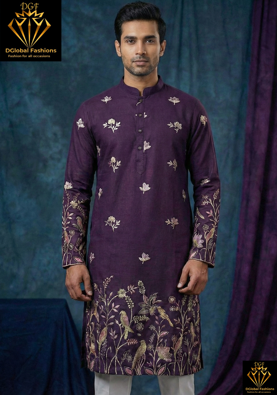 Purple Kurta With Thread & Sequins Embroidered Work