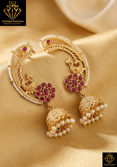 Peacock Pearl Jhumka Earrings with Kundan Stone Detailing