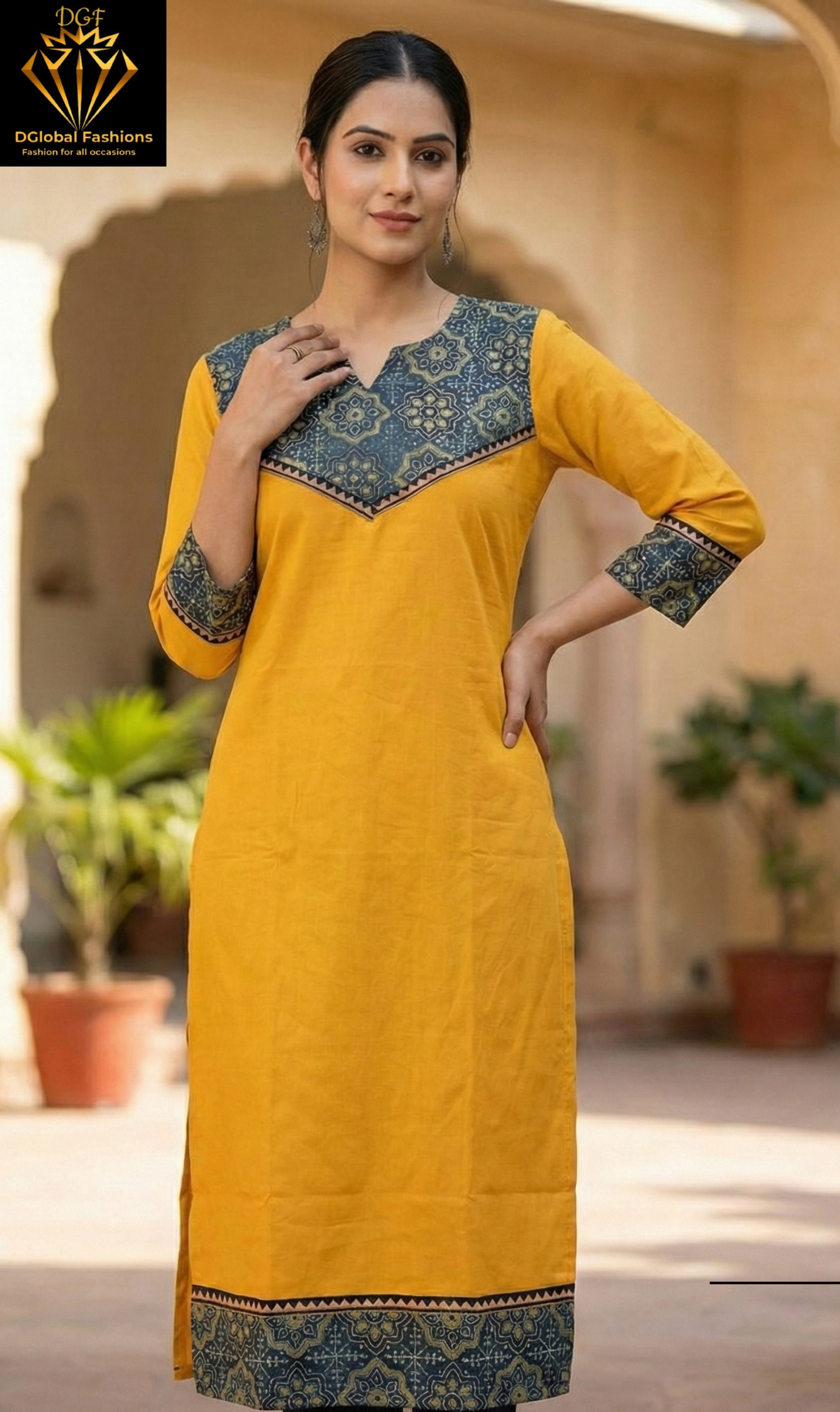 Cotton V-Neck Ajrak Patch Kurta