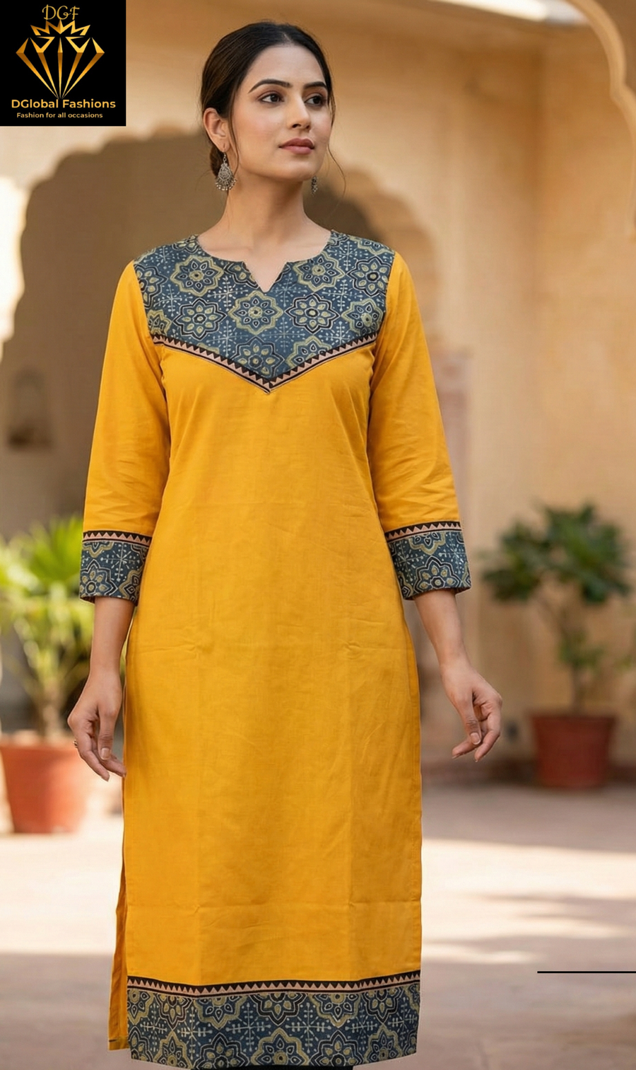 Cotton V-Neck Ajrak Patch Kurta