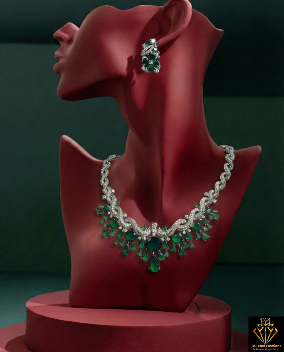 Emerald & Diamond Necklace and Earrings Set
