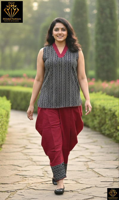 Women's Maroon Dhoti With Handblock Ajrakh Top