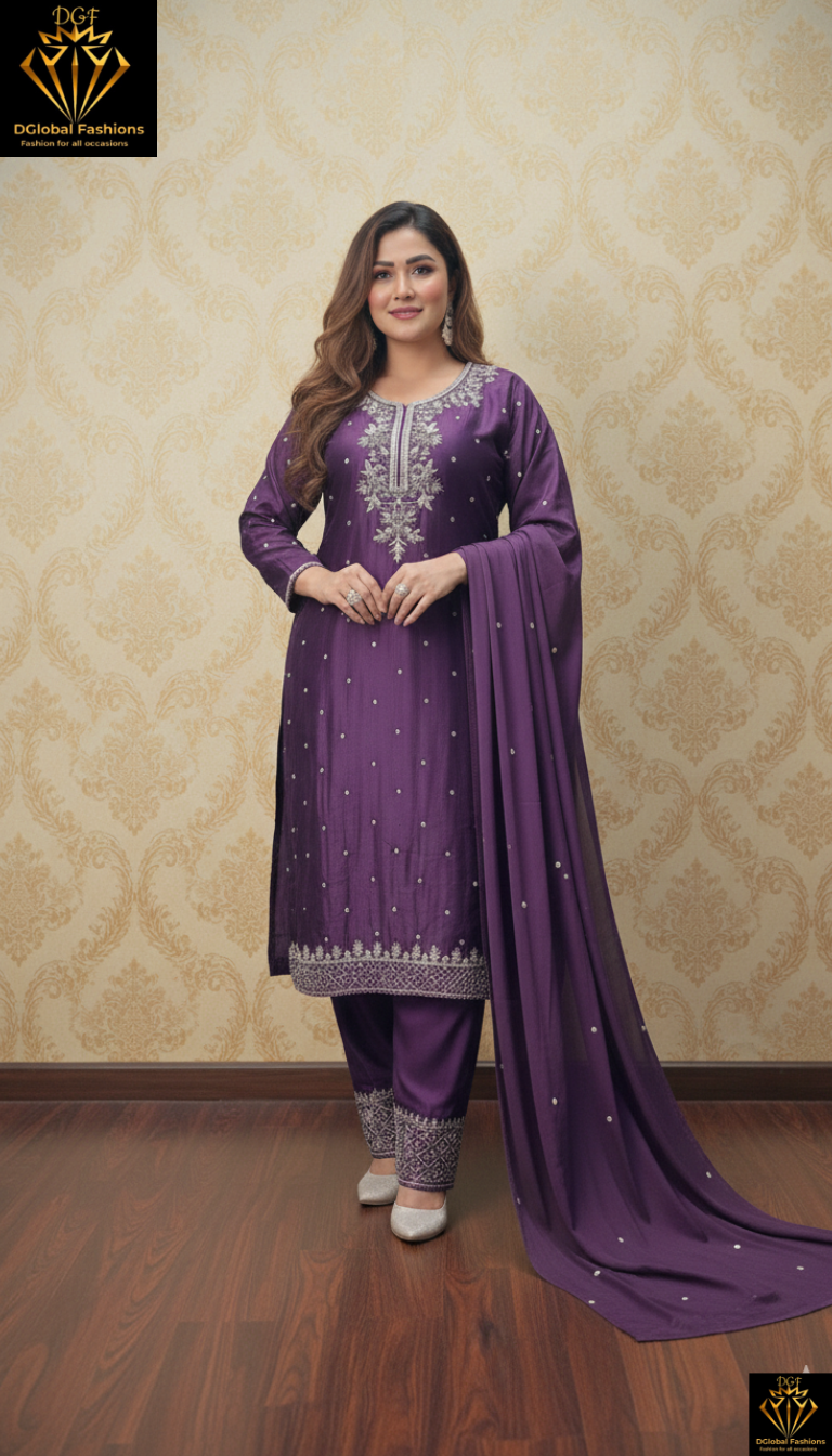 Designer Crepe Kurta Palazzo Suit Featuring Pearl, Cutdana & Sequin Embroidery with Chiffon Dupatta