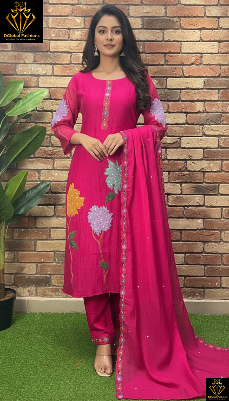 A-Line Mul Chanderi Thread Embroidered Kurta Set with Sequin & Pearl Work Dupatta