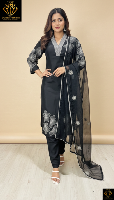 Elegant 🖤Black Silk Straight Kurti Set with Thread & Sequin Detailing | Organza Dupatta