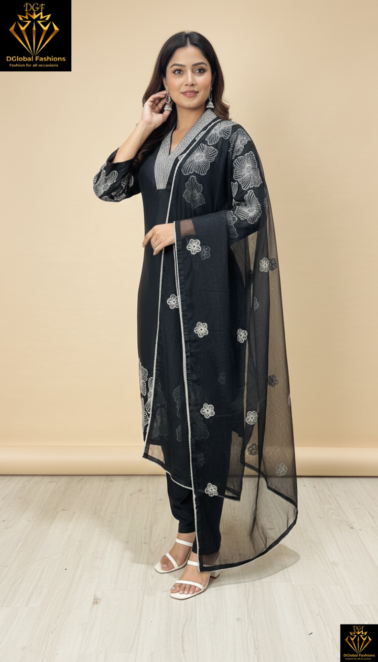 Elegant 🖤Black Silk Straight Kurti Set with Thread & Sequin Detailing | Organza Dupatta