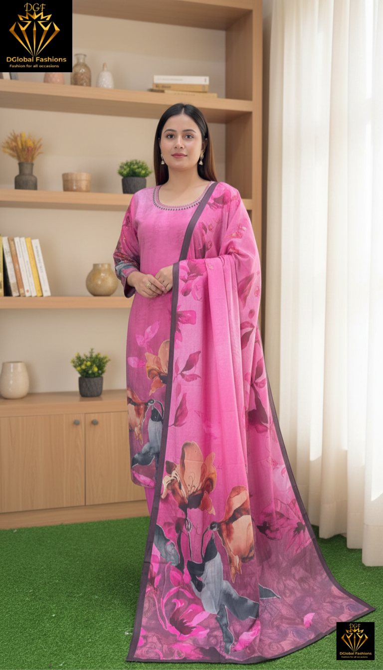 Graceful Viscose Muslin Silk Suit Set with Floral Print – Elegant & Lightweight Style