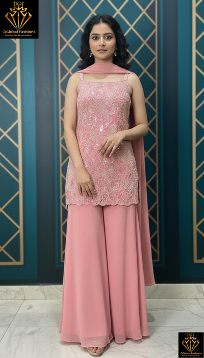 Pink Embroidery Strappy Kurti Palazzo Suit Set with Pearl & Sequin Work