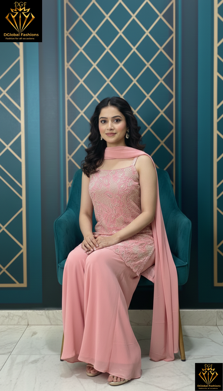 Pink Embroidery Strappy Kurti Palazzo Suit Set with Pearl & Sequin Work