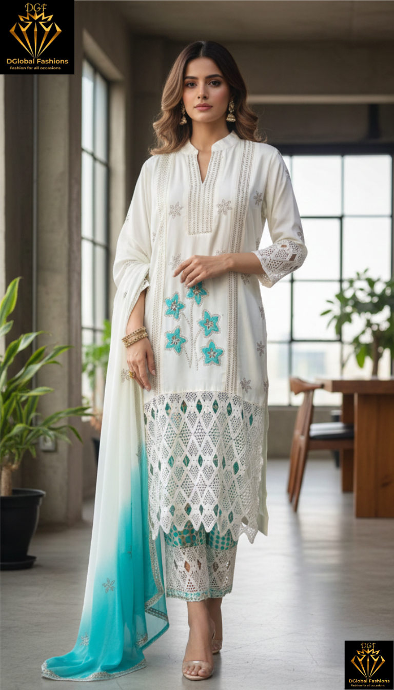 Embroidered kurta set with printed pants and dupatta