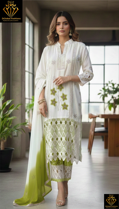 Embroidered kurta set with printed pants and dupatta