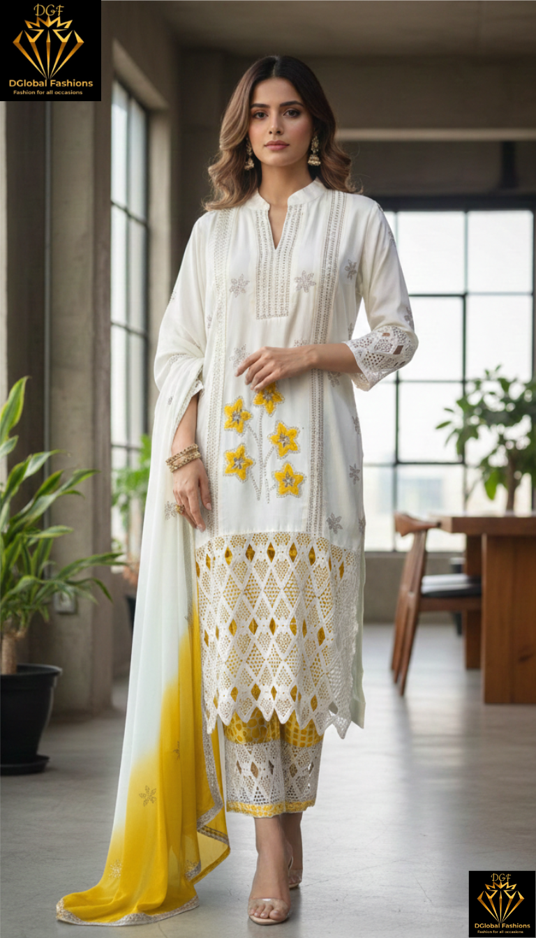 Embroidered kurta set with printed pants and dupatta