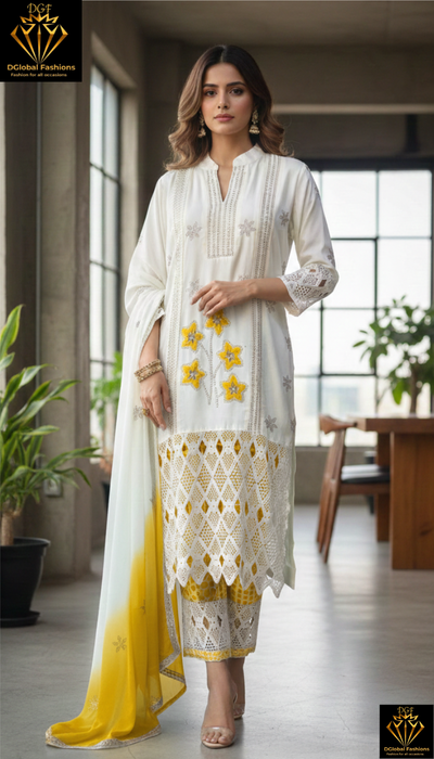 Embroidered kurta set with printed pants and dupatta