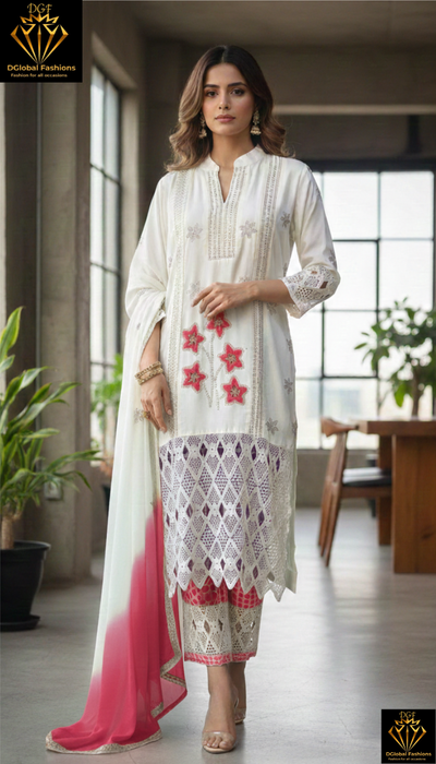 Embroidered kurta set with printed pants and dupatta