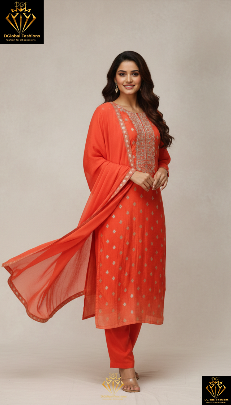 Orange banarsi weaved silk kurta pants with chiffon dupatta