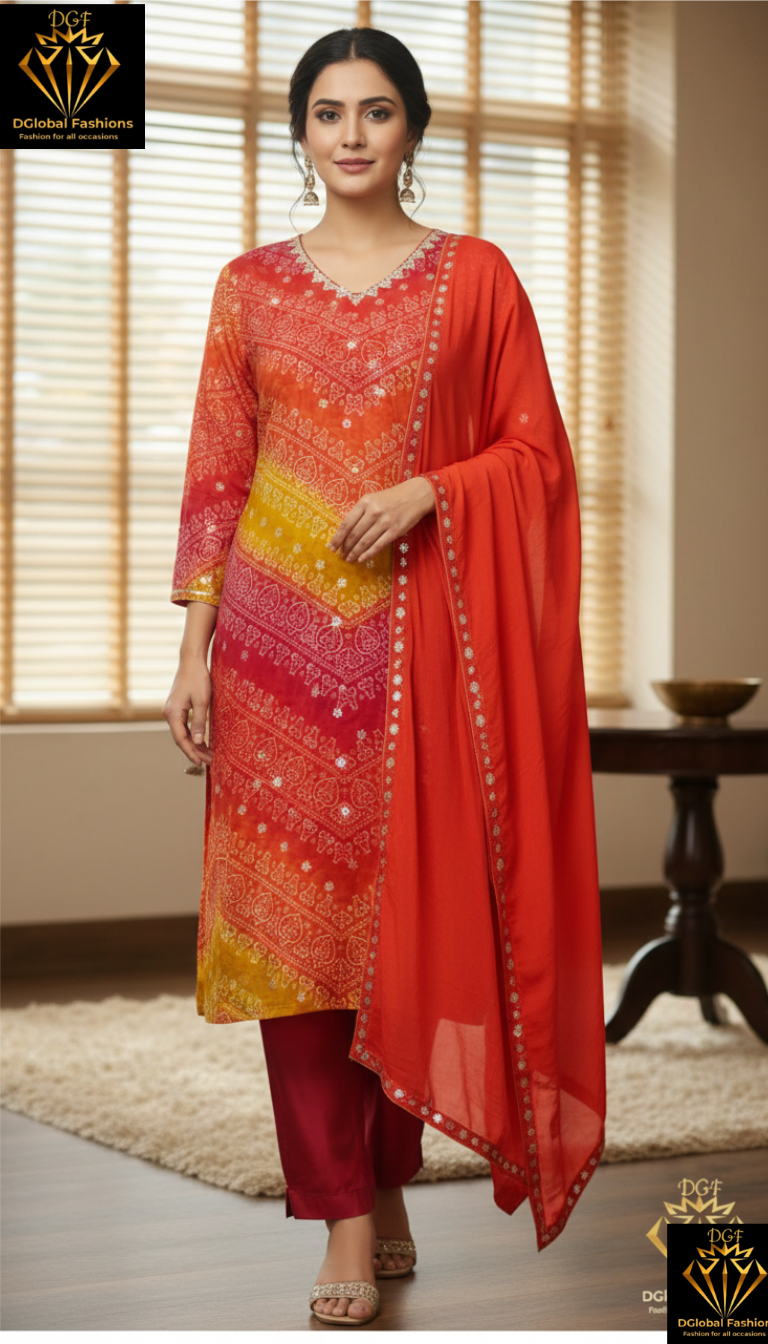 Muslin silk bandhej print kurta pants with chiffon 4 side lace border dupatta