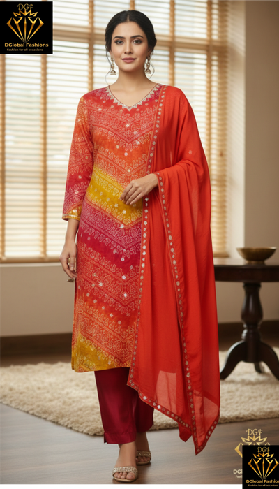 Muslin silk bandhej print kurta pants with chiffon 4 side lace border dupatta
