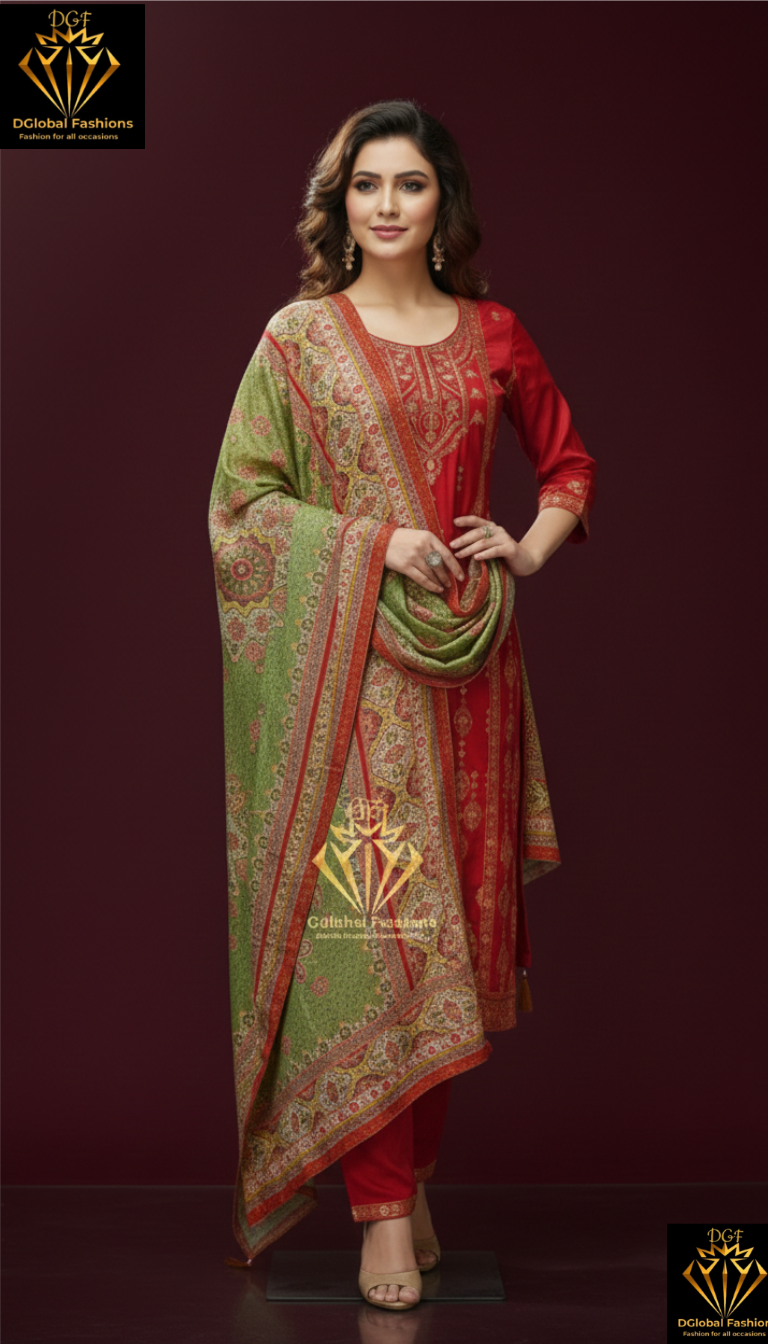 Silk embroidered kurta pants & dupatta set
