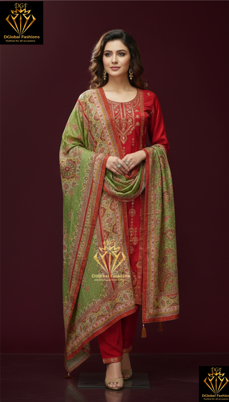 Silk embroidered kurta pants & dupatta set