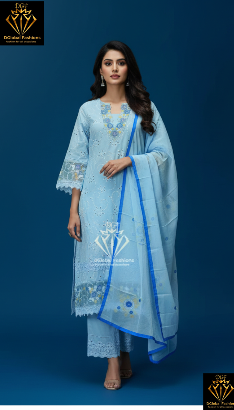 3D embroidered cotton schiffli kurta with pants & dupatta